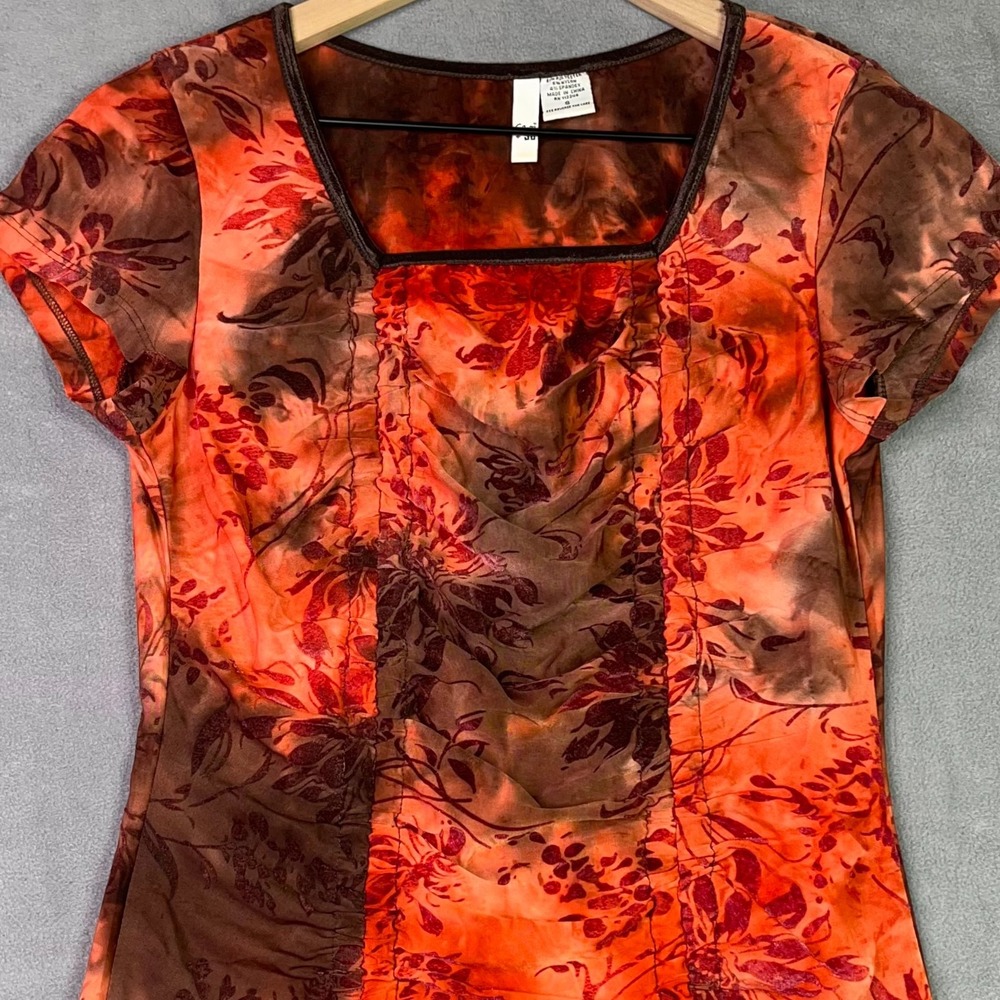Sami + Jo Blouse Womens Small Orange Brown Floral Ruched Whimsigoth Y2K Earthy